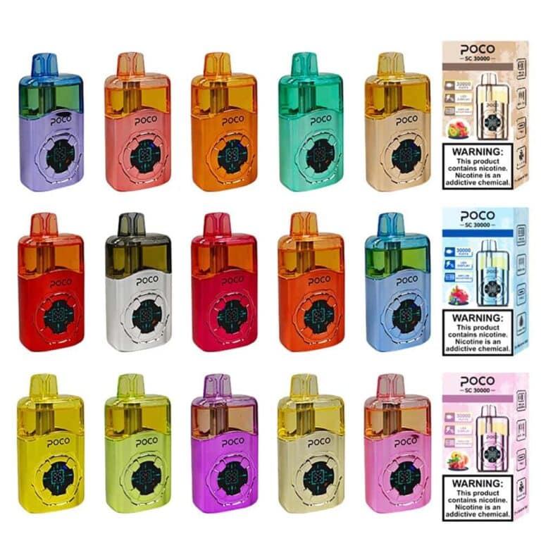 Colorful POCO vape device collection in various vibrant shades.