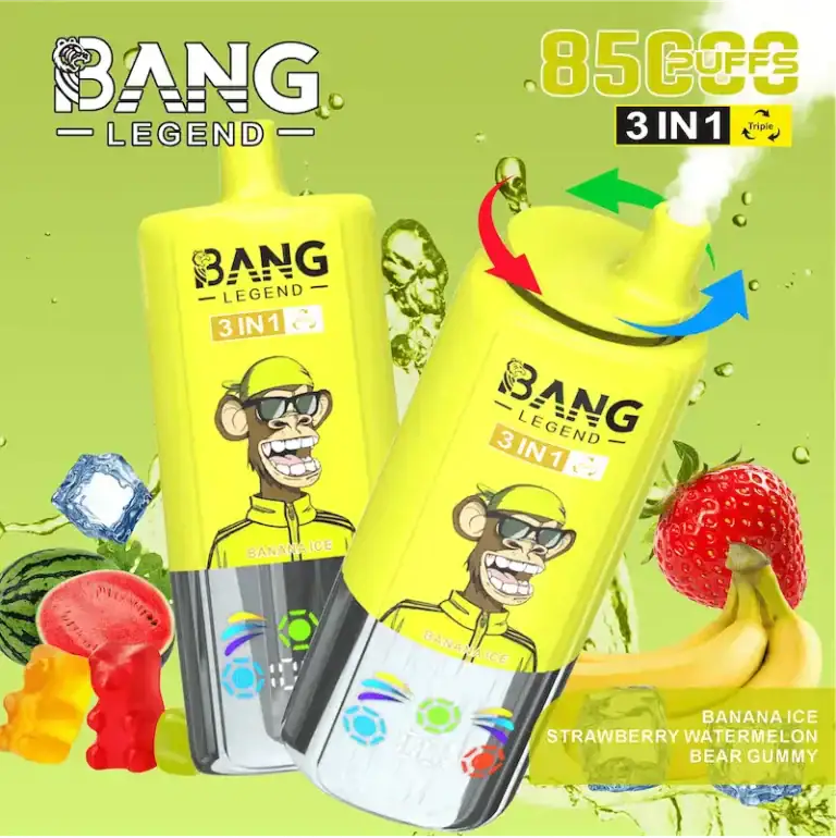 Banana Ice vape disposable with strawberry watermelon and bear gummy flavor.